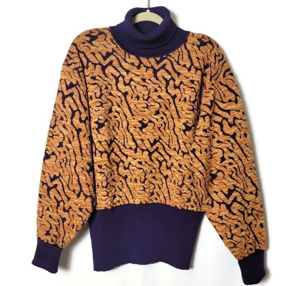Vintage Kaelin 80s Ski Wear Purple Coogi Style Thick Wool Blend Sweater Large - Picture 1 of 12